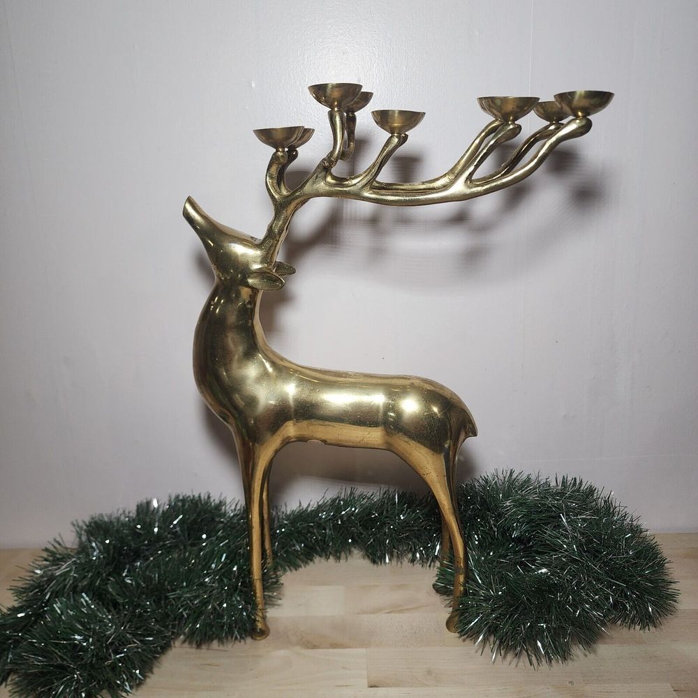 Mid Century Modern GOLD Solid Brass  Reindeer 10 Candle Made In India Vtg 19.25"